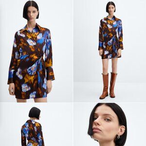 MANGO Long Sleeve Satin Wrap Dress